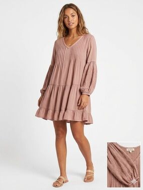 Solitaire Dusty Pink Embroidered Pin Tuck Boho Tiered Peasant Dress L